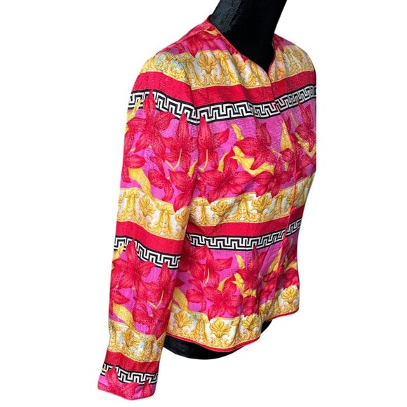Vintage 100% Silk Floral Patterned Button Up Light Soft Jacket Vibrant Pink Gold - Picture 3 of 15